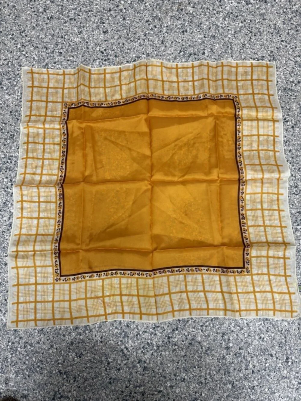 Vintage Paris Acetate Scotchgard Scarf Square 25.5” Mustard Gold Plaid Floral